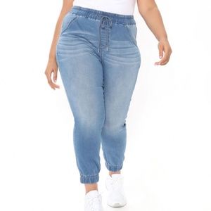 Fashion Nova A Soft Touch Knit Denim Joggers - Light Blue Wash